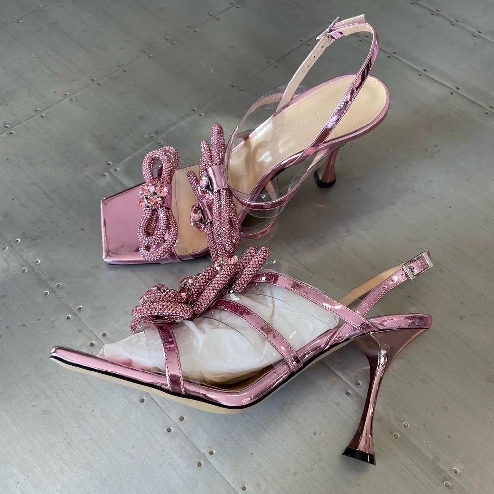 Mach and Mach triple bow pink metallic pump crystal sandal sz 39